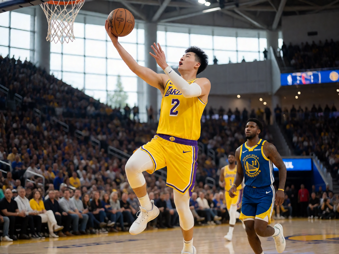 NBA比赛中湖人队球员突破上篮
